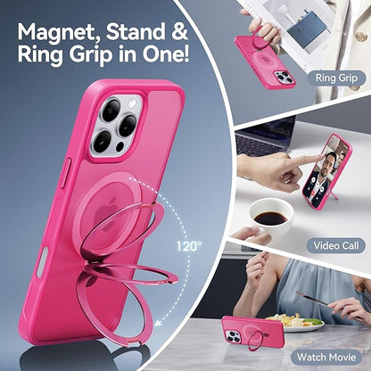 CASEKOO Designed for iPhone 14 Pro Case with Magnetic Invisible Stand [Military Drop Protection] [Compatible with MagSafe] Shockproof Slim Matte Translucent Pro Case 6.1 Inch, Hot Pink