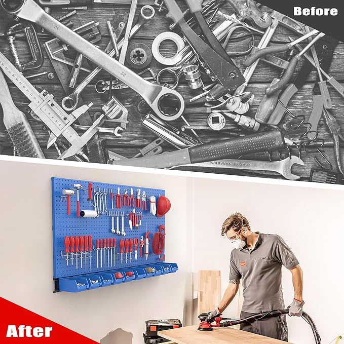 Ultrawall Pegboard Wall Organizer, Blue Metal Peg Board Panels, Garage Storage System with Hooks and Storage Bins, 59pcs