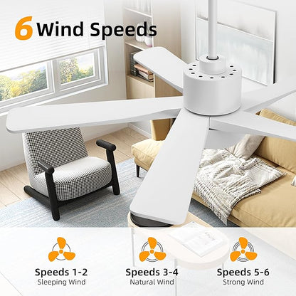 WINGBO 48 Inch DC Ceiling Fan with Lights and Remote Control, 5 Carved Solid Wood Blades, 6-Speed Noiseless Reversible DC Motor, Indoor Ceiling Fan in Gloss White Finish with White Blades