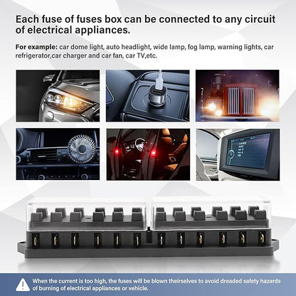 RED WOLF 12 Way Fuse Block Blade Box Holder Standard Circuit Fuses Holder Fit Car Trailer Truck SUV Boat Marine Auto RV Power Distribution Panel Damp-Proof Cover DC 10-32V