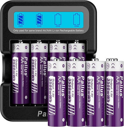 Pallus Rechargeable Lithium AA Batteries - 8 Pack 1.5v 3500mWh AA Rechargeable Batteries with LCD Charger for Outdoor Blink Camera, Fast Charging, Long Lasting, Low Battery Alarmc, Cycles 1600x