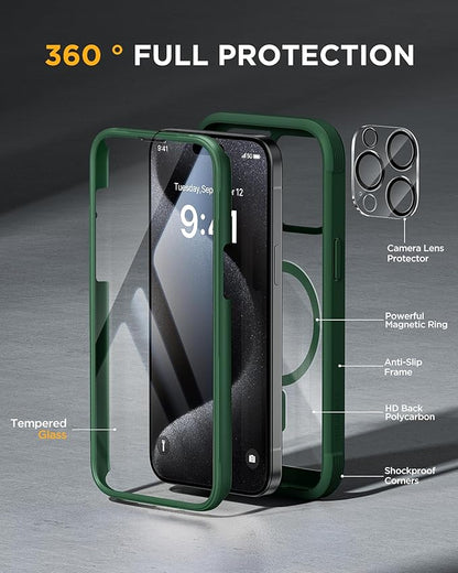 Miracase Magnetic for iPhone 12 Pro Max Case [Compatible with MagSafe] Full-Body Phone case with Built-in Glass Screen Protector& Camera Protector, Military Drop Proof 12 Pro Max Cover, Green