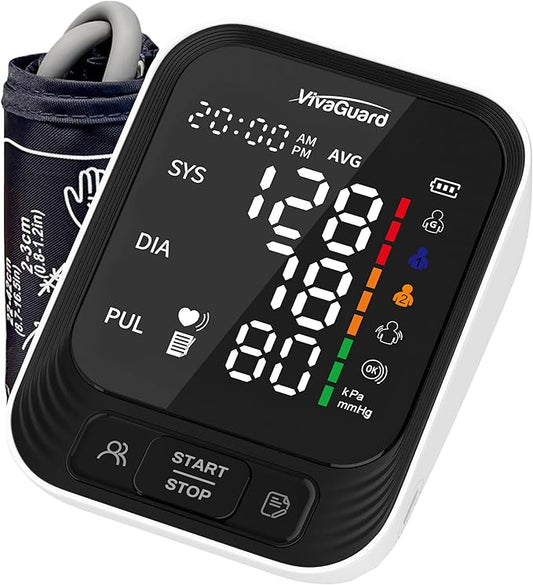 VivaGuard Blood Pressure Monitor for Home Use, Upper Arm Blood Pressure Cuff (8.7" - 16.5"), Automatic Digital BP Machine with Large LCD Backlit Display, 2 x 199 Memory, Carrying Case and Power Supply