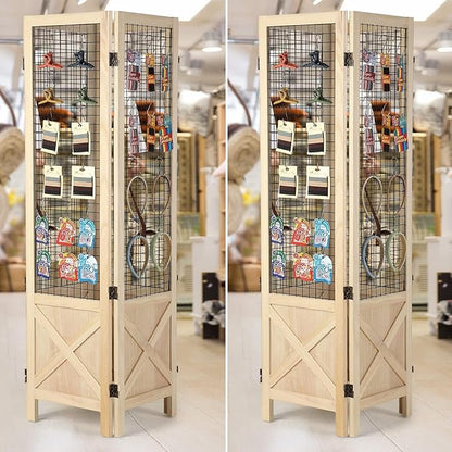 Wnutrees 4 Panel Gridwall Display, Portable Freestanding Display Board for Craft/Art Shows, Retail, Events, Decorative Wood Room Divider Folding Screens, Natural
