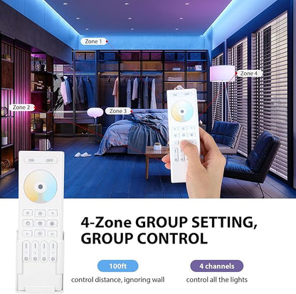XXK 4-Zone 2.4G Wireless RF Remote Control, 99ft 360 Control, 4 Channel Group Control for Home CCT LED Strip Lights