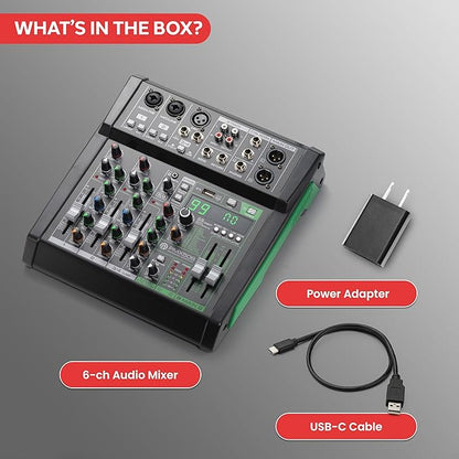 Pyle 6-Channel Audio Mixer, Bluetooth Studio Mixer/DJ Controller with Digital Effects, USB Interface, MP3 Compatible, XLR Inputs and LED Display, Audio Mixing Sound board System 10”x11”x3” inches