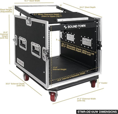 Sound Town Enhanced Thickness 1/2" (12mm) Plywood 10U Audio Rack/Road Case with 14U Slant Mixer Top, 25’’ Rackable Depth and Casters-Pro Tour Grade (STMR-DE10UW)