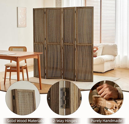 Leesinwing 4 Panel Wooden Room Dividers, 5.6FT High Plug-in Folding Screen Made of Natural Wood, Pegboard Display for Bedroom and Shopping Malls and Jewelry Stores, Dark Brown