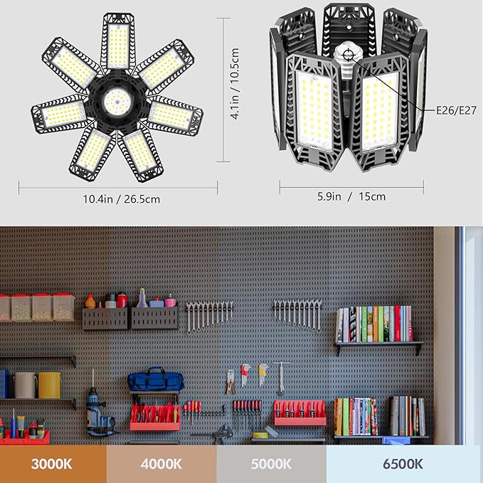 CHENGCHILIT LED Garage Light 6 Pack - 200w 20000LM 6500K Garage Lights Ceiling LED with 7+1 Adjustable Panels, Shop Lights Screw in E26 E27 Bulb Socket for Workshop, Storage Room, Basement, Warehouse