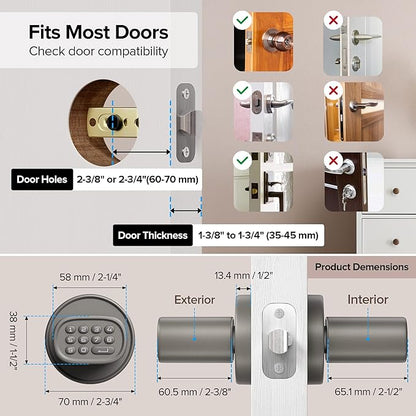ThorBolt Keyless Entry Door Lock, Fingerprint Door Lock with Keypad Biometric Door Knob, Auto-Lock for Interior Doors Thickness up to 2-1/4", Bedroom, Home Office, Garage, 4xAA Alkaline, MD1 Titanium