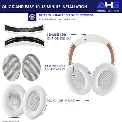 AHG QC35 earpads / QC35 ii Headband pad Cushion kit. Compatible w/Bose QuietComfort 35 ii / QC35 Headphones (White). Premium Headband Design | Seamless DIY Assembly | Superior Comfort and Durability