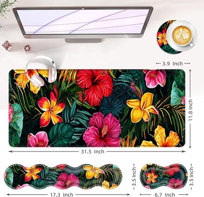 BFUKVOU Large Keyboard Mouse Pad Set, Extended Mouse Pad+Keyboard Wrist Rest Support, Memory Foam Ergonomic Easy Typing, 4Pcs (31.5×11.8 in) Desk Pad Set for Office Home,Vibrant Tropical Flower
