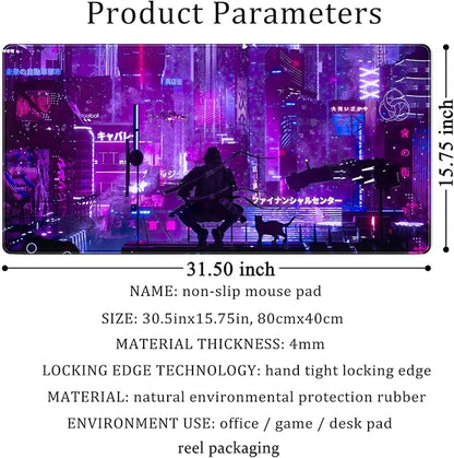 Anime Neon Mouse Pad Purple City Gaming Desk Big Cute Kawaii Pink Extended Mouse Pad Gaming,Office Keyboard Pc Laptop Mousepad Large 31.5x15.7 in-with Stitched Eges Non-Slip Base Mouse Pads Mat