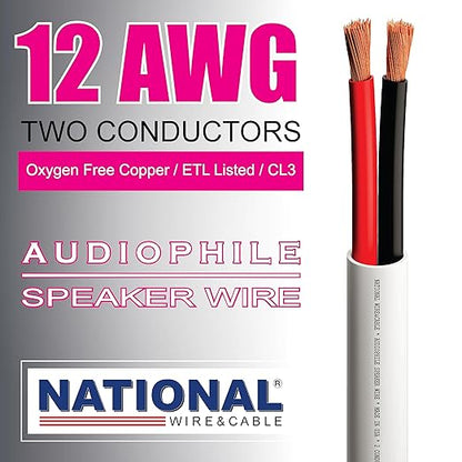 NATIONAL Wire&Cable - 12/2 Audiophile Speaker Wire (200 Feet) 12AWG Gauge - Made in USA - in Wall Audio Speaker Wire Cable/CL Rated/ETL Listed / 2 Conductors - OFC Oxygen-Free Copper, White 200ft