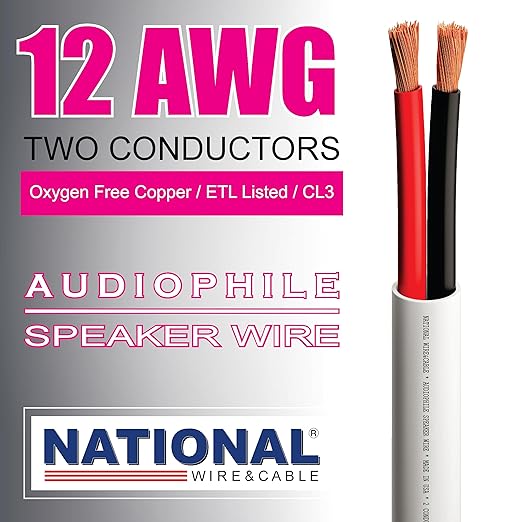National Wire&Cables - 12/2 Audiophile Speaker Wire (500 Feet) 12AWG Gauge - Made in USA - in Wall Audio Speaker Wire Cable/CL Rated/ETL Listed / 2 Conductors - OFC Oxygen-Free Copper, White 500ft