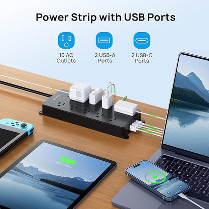 TROND Power Strip Surge Protector, 4000J, ETL Listed, 10 Widely Spaced Outlets with 2 USB A and 2 USB C, Flat Plug 5ft Extension Cord, Wall Mountable, 14AWG Heavy Duty, for Home Office Garage, Black