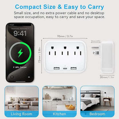 Penemay Multi Plug Wall Outlet Splitter With USB, Multiple Outlet Extender Surge Protector With 3 USB Ports(1 USB C PD20W), Electrical Outlet Adapter Extension for Travel Home Office Dorm 2 Pack White
