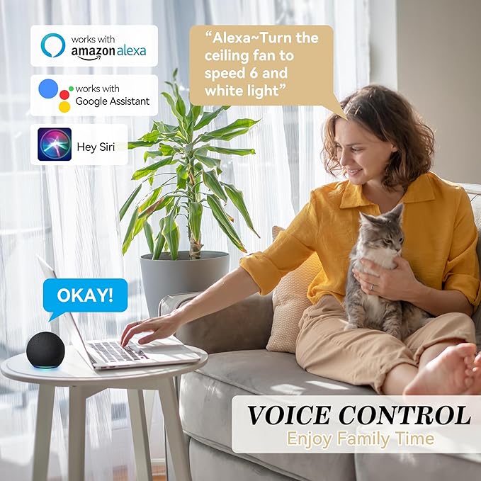 SMAAIR 52 Inch Smart Ceiling Fan with Light and Remote, Flush Mount Modern Ceiling Fan with lights,Compatible with Alexa/Google Assistant/Siri,Timer and Schedule,10 Speed DC Motor, Wooden/Walnut