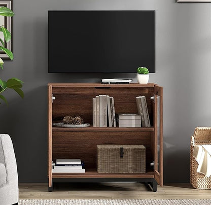 WAMPAT Modern TV Stand with Glass Doors for 32-40 inch TVs, Entertainment Center TV Console with Adjustable Shelves for Living Room, Bedroom, Brown
