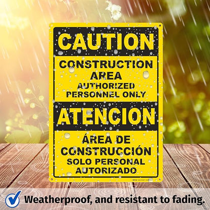 Brimar - 10" x 14" - Bilingual Caution Construction Area Authorized Only Sign - .055″ Polyethylene Plastic - Bilingual Design - Easy Installation