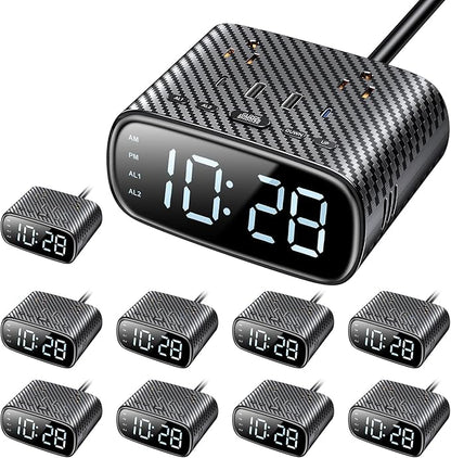 10PCS Alarm Clock with 2 USB-C, 2 USB-A Chargers Power Strip 2 Outlets - Screen LED Dimmable Digital Clock with Snooze Function - Dual Alarm for Bedside Nightstand