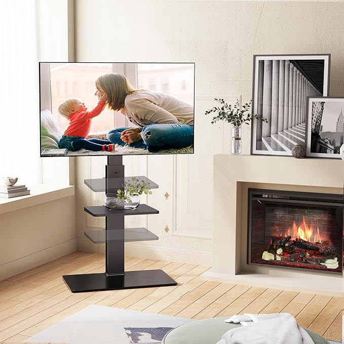 FITUEYES Swivel Floor TV Stand with Mount for TVs 37 43 50 55 60 65 70 75 Inch LCD LED Flat/Curved Screens Universal Swivel Televisions TV Mount Stand for Bedroom Living Room Black Tempered Glass Base