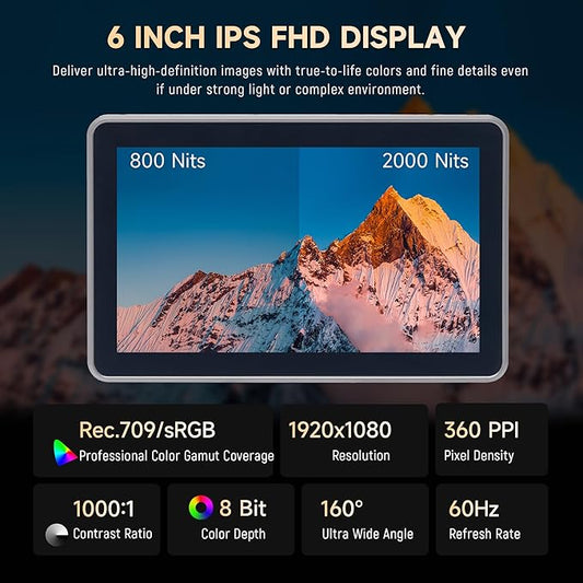 VILTROX DC-X2 2000 Nits Video Field Monitor with Rig Cage, 6 inch Touchscreen 4K HDMI in/Out On Camera Monitor with Sunshade Hood Battery, 1920X1080 HD Focus Peaking 3D Lut Full Waveform RGB Parada