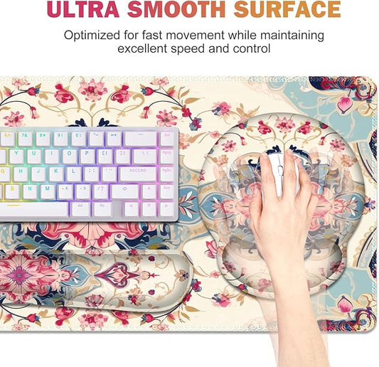 Gaming Mouse Pad, Large Desk Mat, Cute Desk Pad Protector, 4in1 XXL Mousepad + Keyboard Wrist Rest+Mouse Wrist Rest+Coaster Set with Ergonomic Desk Pad for Home Office Computer, Retro Style Pattern