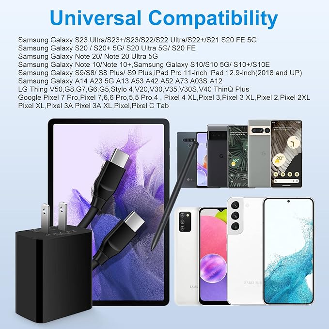 Samsung S25 A16 5G Fast Charger Type C,20W USB C Charger Block & 9FT Long USB C to USB C Cable Fast Charging for Galaxy A54 S24 S23 S22 Ultra Plus A14 A23 A53 A13 S21 S20 S10 A12 A03S Note 20 10