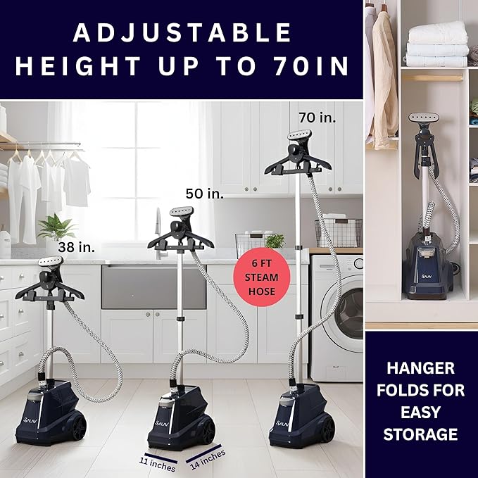 SALAV Heavy Duty Commercial Full-Size Garment Steamer with Foot Pedals and Extra Large 3L (101.5 oz) Water Tank, 1800 watts of Poweful Steam (Navy)