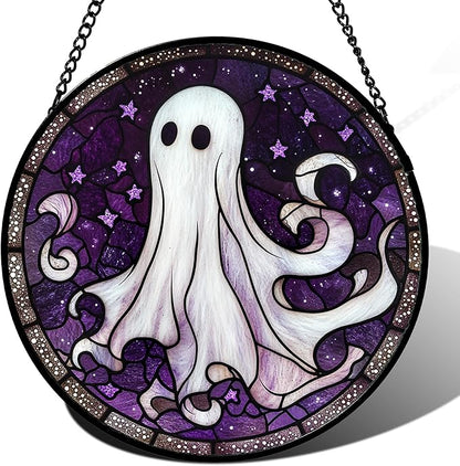 DASTOLL Stained Glass Window Hanging - Halloween Decorations White Ghost Purple Stars Suncatcher for Doors Garden Spooky Funny Sun Catchers Gothic Decor Horror Gifts for Women Men Friend 9.8 in
