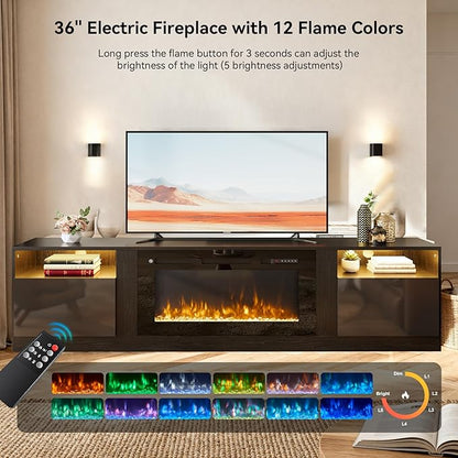 YISUFO 80” TV Stand with 36” Electric Fireplace, Large Modern Media Entertainment Center with Storage Cabinet and 12 Colors LED Lights for TVs Up to 90",All Black