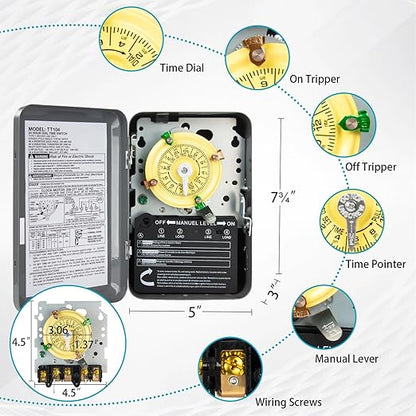 T104 Electromechanical Timer Switch for Lights, Fans, HVAC, 208-277 VAC 40A DPST, 5HP, 12 ON/Off Cycles, Tripper Included – Heavy Duty Pool Timer