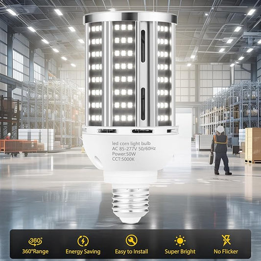 YANYCN 50W 2 Pack LED Corn Light Bulb,5000K Daylight 6500LM(500W Equivalent) Commercial GradeE26/E39 Medium Mogul Base LED Lamp,Large Area Lights for Outdoor Indoor Garage Warehouse Factory Bay Light