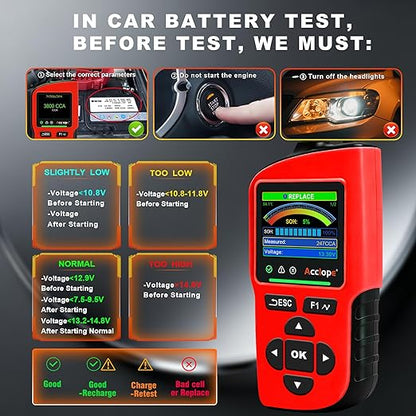 Acclope BT90 PRO 2-360Ah Battery Tester with Cloud Printing, 30-3800 CCA, 6V/12V/24V Digital Analyzer, SOH/SOC/Volt/Res/Cranking&Charging Test, Real‑Time Ambient Temp, AGM/EFB/Gel/Li