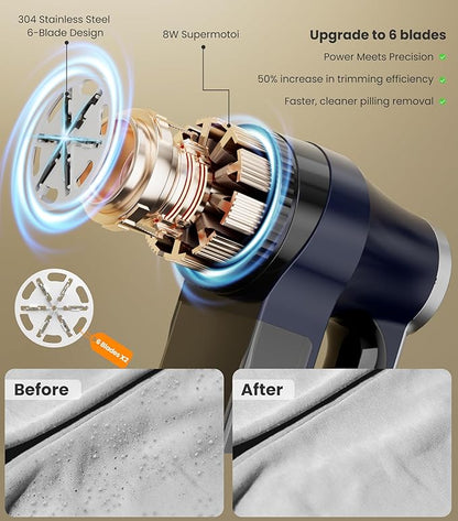 Rechargeable Fabric Shaver | 3-Speed Electric Lint Remover | 6 Blades High Eliminates Fuzz & Pilling | with LED Display & Type-C Fast Charging Port | Lint Shaver for Clothes & Furniture - Navy Blue