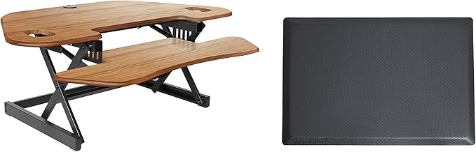Rocelco 46" Height Adjustable Corner Standing Desk Converter with Anti Fatigue Mat Bundle - Quick Sit Stand Up Dual Monitor Riser - Computer Workstation - Teak Wood Grain (R CADRT-46-MAFM)