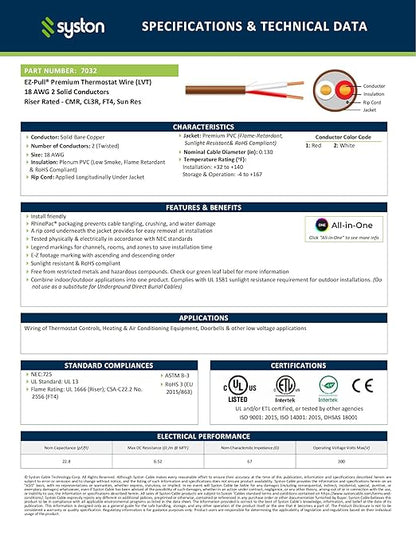 Syston 18/2 Thermostat Doorbell HVAC Heating Control Cable Wire, 18 AWG 2 Conductors 100% Solid Copper Conductors CL3R/FT4/CMR Riser-Rated, UV Resistant RoHS for Low Voltage Applications Use