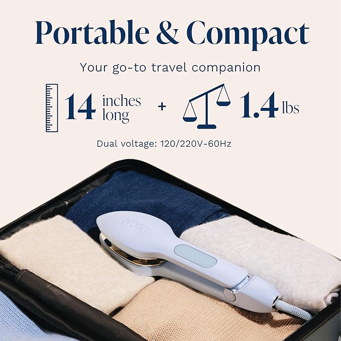 Nori Press Travel Steam Iron - Handheld Iron With Optional Steam Feature - No Ironing Board Required - Easy to Use w/ 6 Fabric Settings - Removes Wrinkles - User Manual Included -Blue