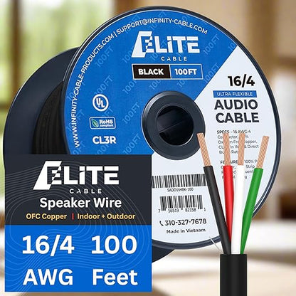 Elite 16/4 Speaker Wire 100ft, UL Listed, CMR/CL3R, (Riser/In-Wall & Outdoor/In-Ground (Direct Burial)- 100% Oxygen Free Pure Bare Copper (OFC), 16AWG/4-Conductor, 100ft Bulk Cable (65 strands), Black