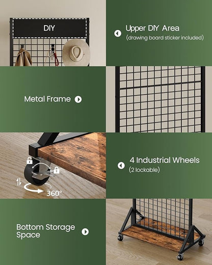 CHOEZON Grid Wall Panel, 2’ x 5.7’ Ft Floor Standing Gridwall Display Rack, Retail Display Stand, with 4 S-Shaped Hooks and 4 Garment Hooks for Entryway Kitchen Outdoor, Rustic Brown and Black TCJ27BF