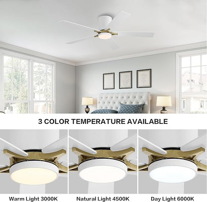 WINGBO 52" DC Flush Mount Ceiling Fan with Lights, 5 Plywood Blades, 6-Speed Reversible DC Motor, 3CCT, Low Profile Hugger Ceiling Fan for Living Room Bedroom Kitchen, White and Brass