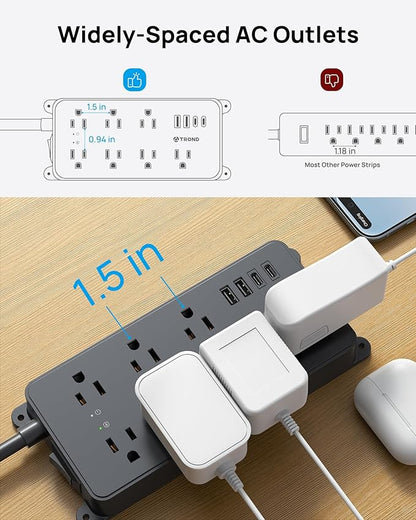 TROND Power Strip Surge Protector 10ft, ETL Listed, Flat Plug Extension Cord with 2 USB-A & 2 USB-C, Wall Mountable, 7 Widely-Spaced Outlets, 1700J, for Home Office Garage, Black