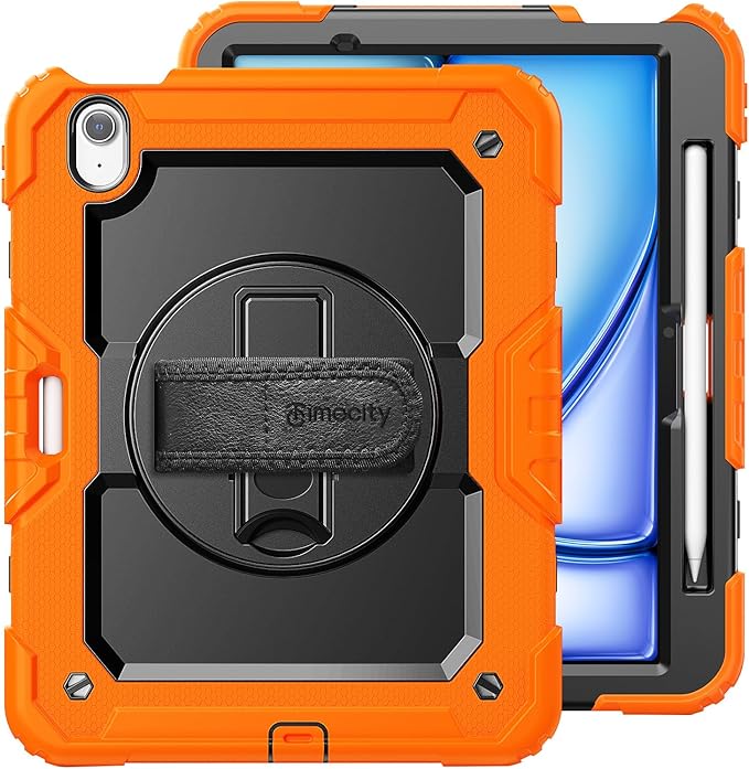 timecity Case for iPad Air 11 Inch M3/ M2 (2025/2024), 360° Rotating Stand, Pencil Holder & Wireless Charging, Shockproof with Screen Protector & Shoulder Strap - for Designers, Orange