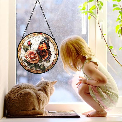 DASTOLL Stained Glass Window Hanging, Butterfly Picking Flowers Suncatcher for Doors Home Sun Catchers Decoration and Christmas, Mother's Day Birthday Gifts for Women, Men, and Mom 7.8 in