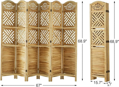 Svimi Room Divider with Shelves, 68.9inch Wood Carved and Louvered Wall Divider Freestanding, 6 Panels Folding Partition Screen for Bedroom Home Office (Natural)