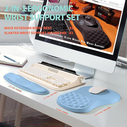 KUOSGM 2-in-1 Ergonomic Set, Wave Rise Keyboard Wrist Rest and Massage Bulge Slope Mouse Pad Wrist Support, Cushion Memory Foam Integrated to Relieve Wrist Pain, Lake Blue