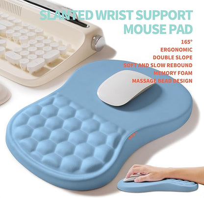 KUOSGM 2-in-1 Ergonomic Set, Wave Rise Keyboard Wrist Rest and Massage Bulge Slope Mouse Pad Wrist Support, Cushion Memory Foam Integrated to Relieve Wrist Pain, Lake Blue