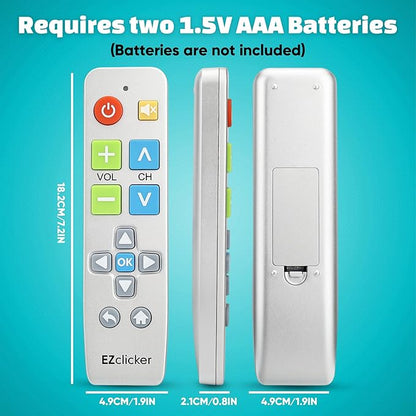 EZclicker Big Button Universal TV Remote (Silver) Simple Easy to Use, Great for Seniors, Works with Major TV Brands (2xAAA Batteries Not Included)