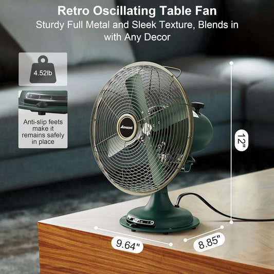 AMACOOL Oscillating Vintage Fan, All Metal Retro Table Top Fan, Adjustable Head Tilt, Quiet 3 Speeds Plug-In Desk Fan for Bedroom Home Office & Kitchen